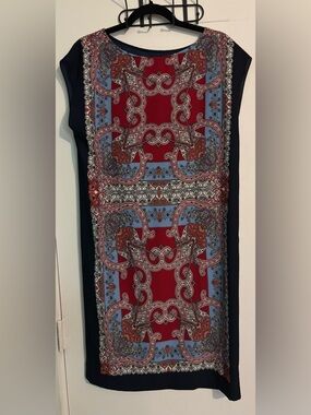 Talbots Womens Small Sleeveless Scroll Paisley Red Blue Knee Length Boxy Dress